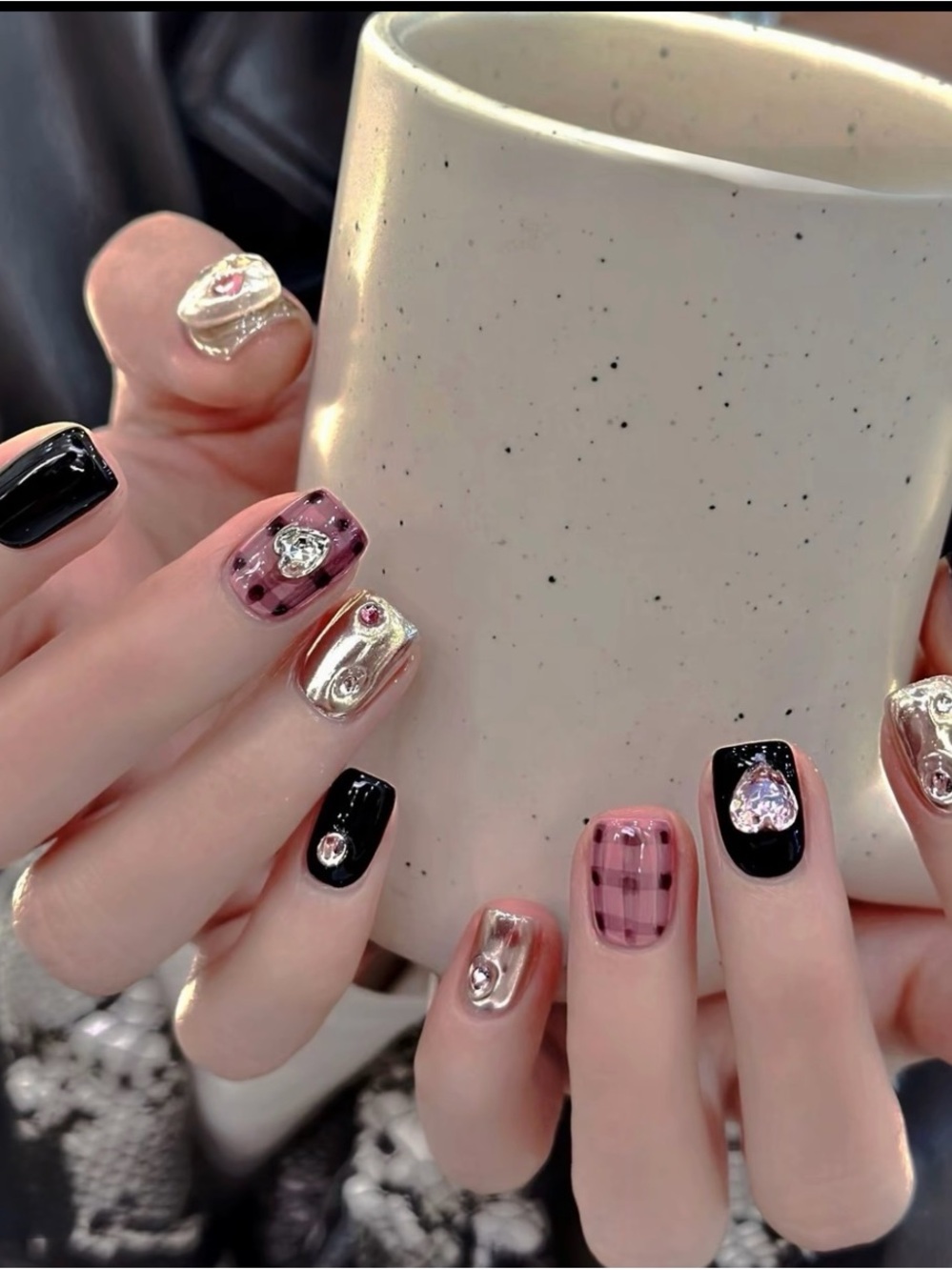 Luxury Black & Pink Plaid Nail Art Set with Metallic Accents